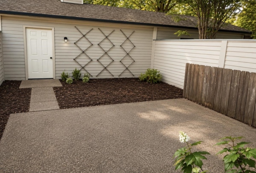 Outdoor patio space featuring an exposed aggregate concrete surface