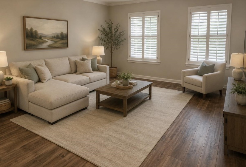 Spacious living area featuring wood-finish flooring, two large windows with plantation shutters, crown molding, and neutral wall tones