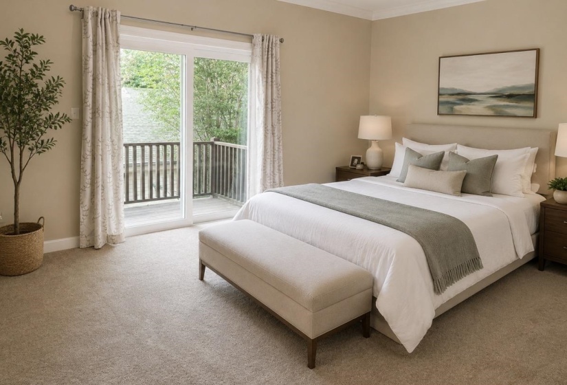 Carpeted bedroom featuring a sliding glass door opening to a private balcony with wood railings