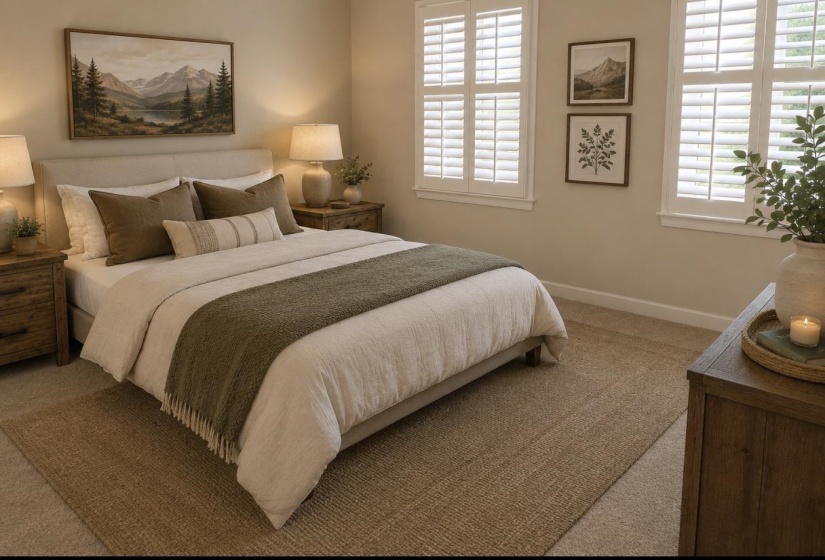 Bedroom featuring light neutral walls, two windows with white louvered shutters, and light-colored carpeting