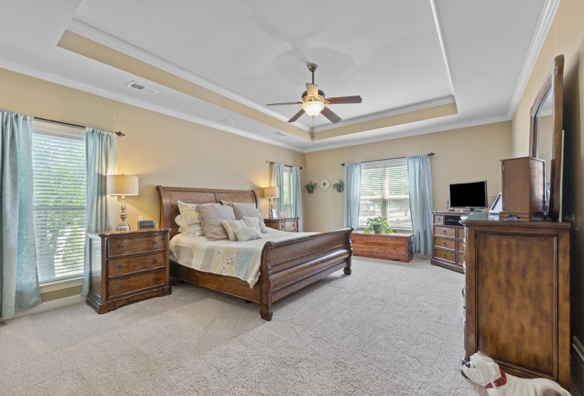 Romantic primary suite featuring a tray ceiling, ceiling fan, abundant natural light, and plenty of room to relax and unwind.