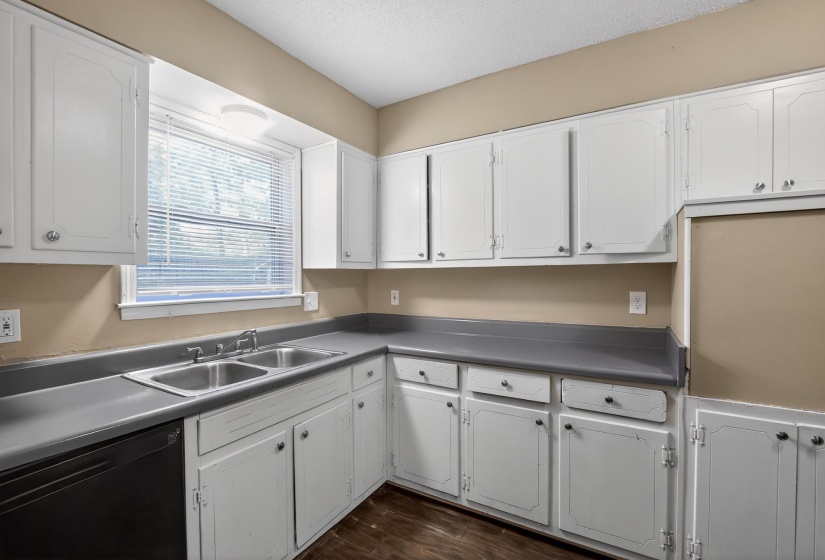 Kitchen featuring ample white cabinetry, dark countertops, a double basin stainless steel sink, and wood-finish flooring