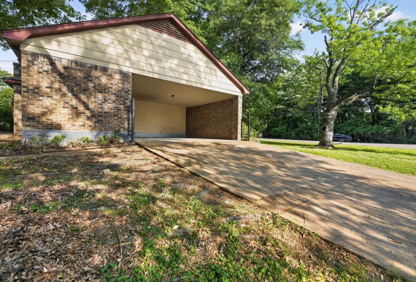 Brick structure featuring a carport with a concrete driveway, a sloped gabled roof, and a mature tree