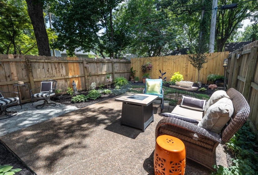Fenced backyard with a patio