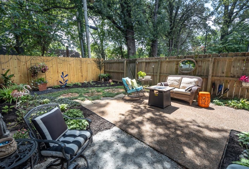 Fenced backyard featuring an outdoor fire pit and a patio area