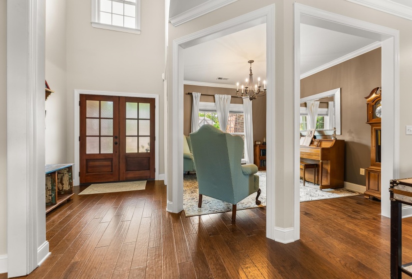 Double entry doors with patterned glass panels and wood-finish flooring