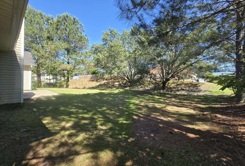 Expansive backyard featuring a large concrete patio, mature trees, and a sloped terrain