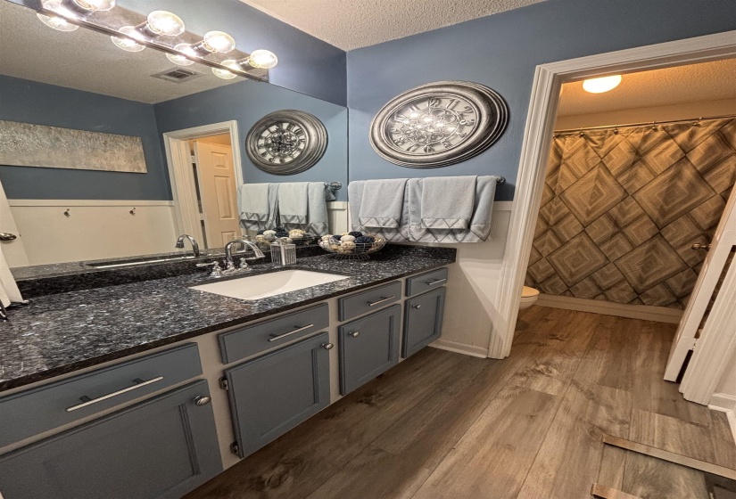 Bathroom featuring a single vanity with dark countertop, undermount sink, and extensive cabinet storage
