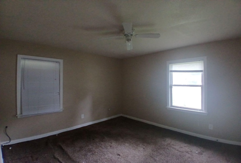 Interior room featuring two windows, neutral-toned walls, a ceiling fan fixture, and carpeting