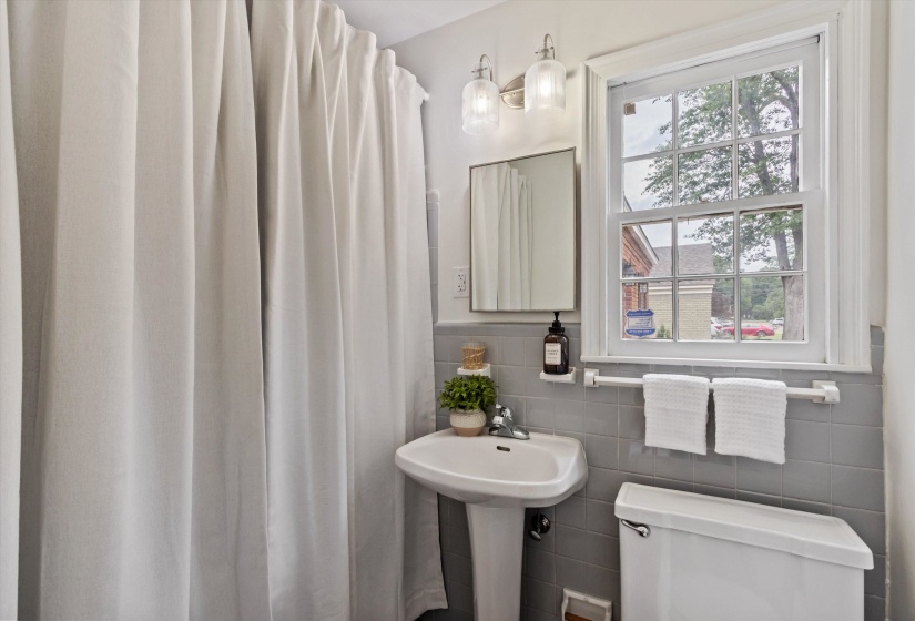 Bathroom featuring a pedestal sink, a window with grid panes, and a modern vanity light fixture