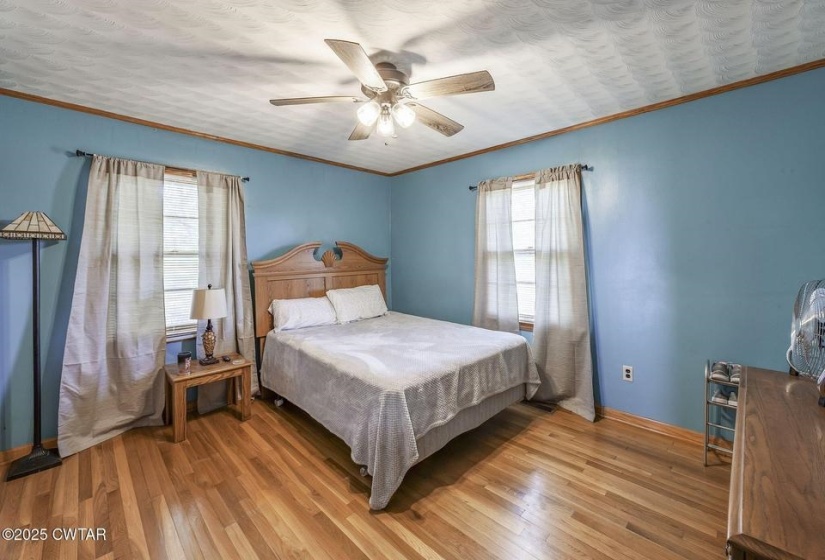 Hardwood flooring throughout featuring light blue walls and a decorative ceiling fan