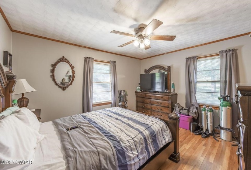 Bedroom featuring wood-finish flooring and two windows providing natural light