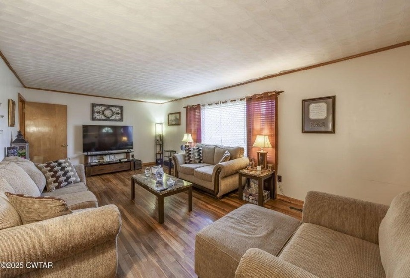 Living room featuring wood-finish flooring, white walls, and a textured white ceiling