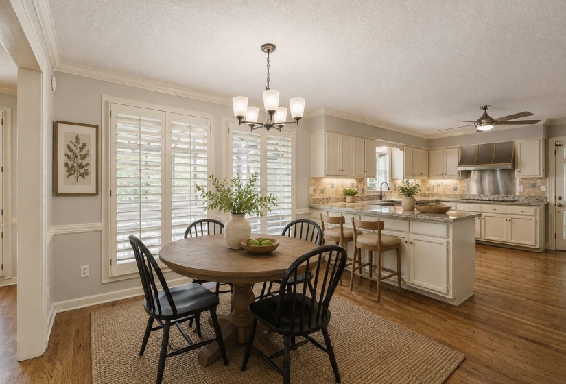 Sunny Breakfast Room open to the Kitchen with plenty of space for casual dining and everyday gatherings. Virtually staged photo.