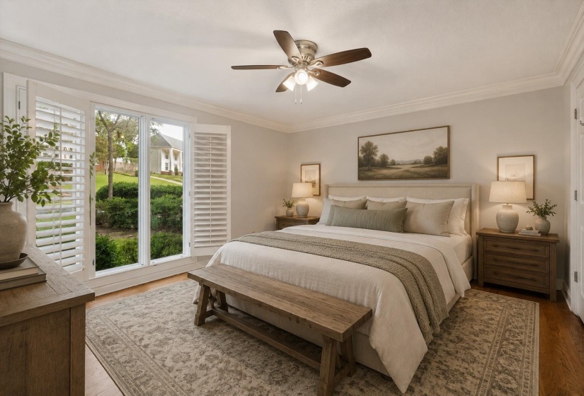 Private downstairs Primary Bedroom with crown molding and easy access to luxurious Primary Bath. Virtually staged photo.