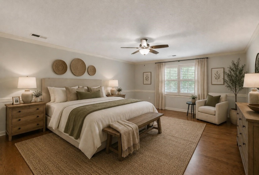 Large 22x16 Upstairs Bedroom 2 or Second Primary Suite with hardwood flooring, ceiling fan, walk-in closet and Private Luxury Bath. Virtually staged photo.