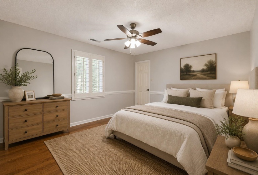 Bedroom 4 with hardwood flooring, ceiling fan, and walk-in closet offering generous storage. Virtually staged photo.