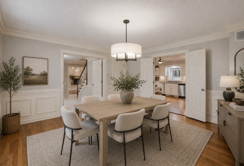 Elegant Dining Room with hardwood flooring, chair and crown molding, and detailed shadowbox molding ideal for entertaining. Virtually Staged Photo