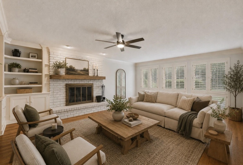 Spacious LIVING ROOM with hardwood flooring, crown molding, wood-burning fireplace with raised brick hearth, and a stunning wall of custom built-in bookcases and storage cabinets. Virtually Staged Photo
