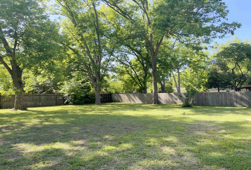 Expansive backyard featuring a manicured lawn, a full privacy fence, and mature trees providing natural canopy
