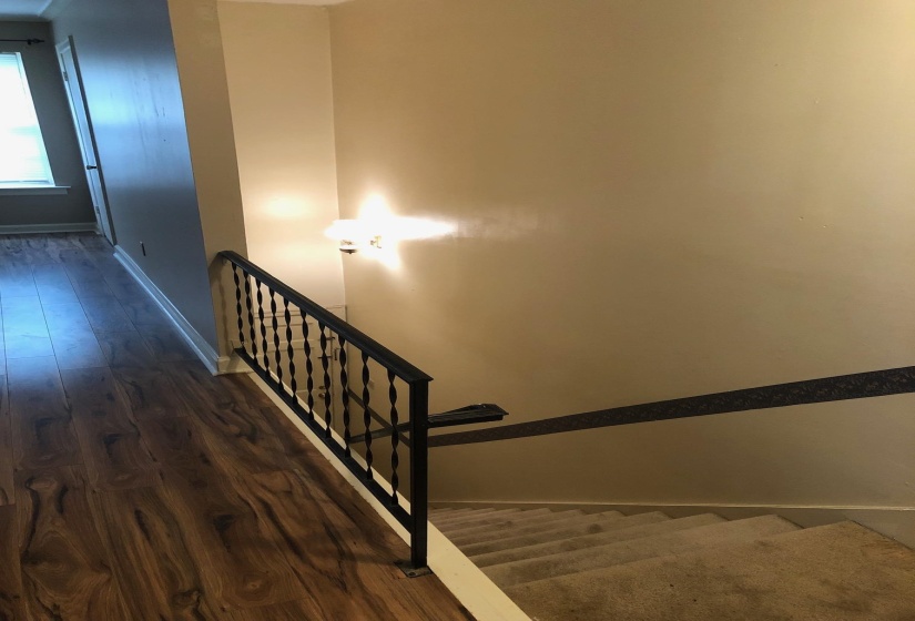 Interior staircase with a black wrought iron railing and a carpeted descent
