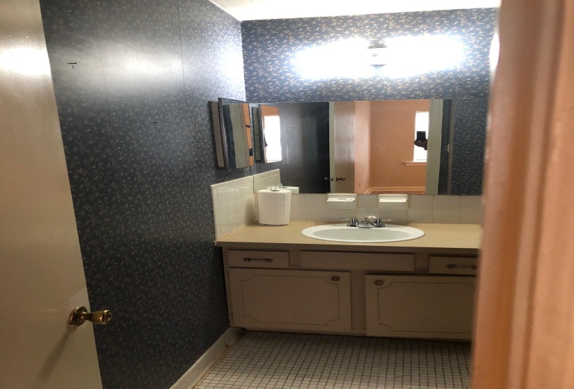 Vanity with an integrated sink and base cabinetry, complemented by a wall-mounted mirror and overhead lighting