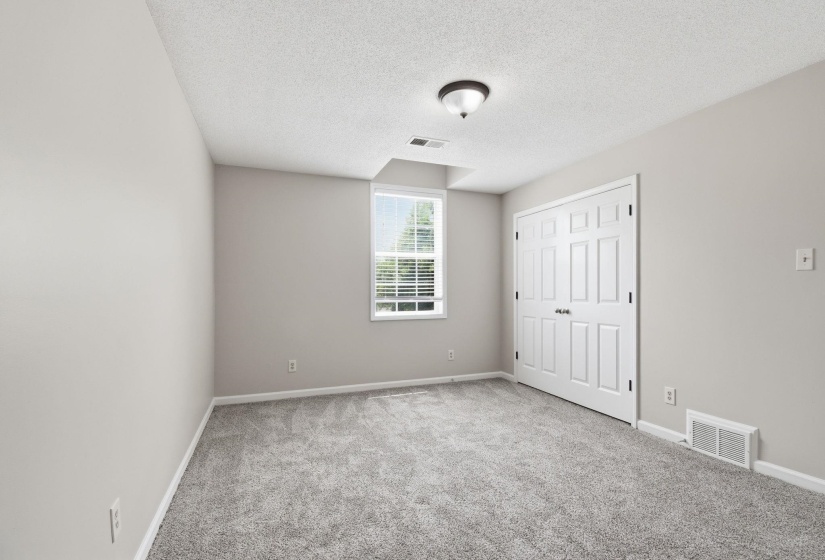 Carpeted room featuring light gray walls, a window with blinds, and white bi-fold closet doors