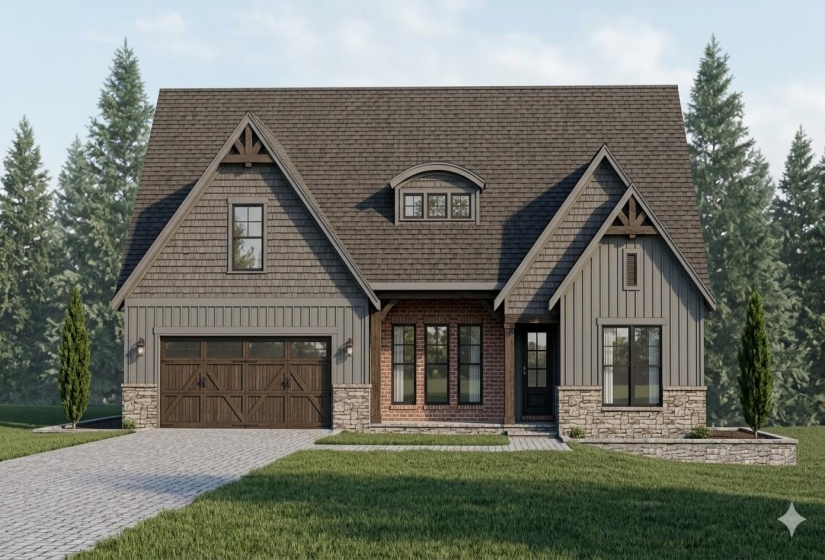 Craftsman-style home featuring a mixed-material exterior, a two-car garage with wood-finish doors, a brick facade, and stone veneer accents