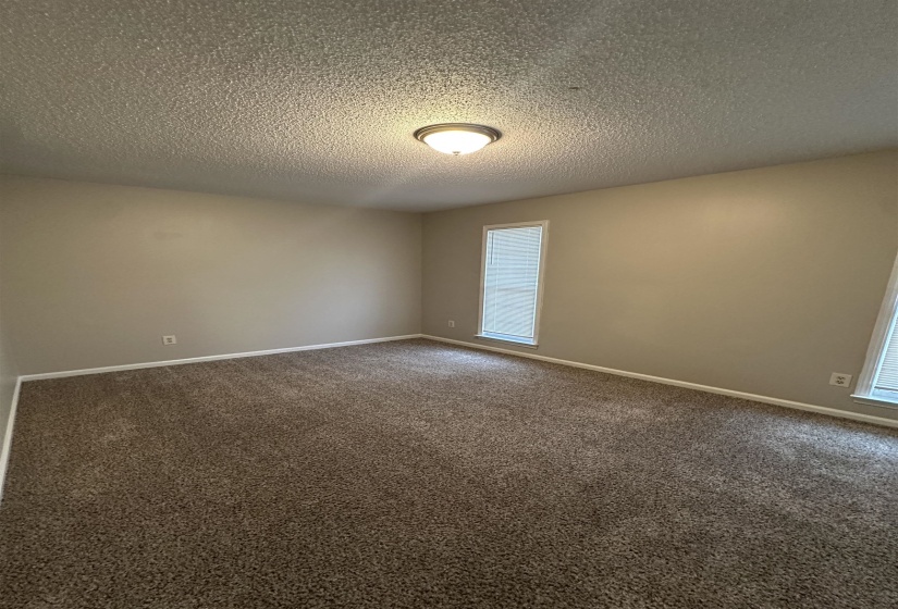 Spacious room with plush brown carpet, light neutral wall paint, and white trim molding