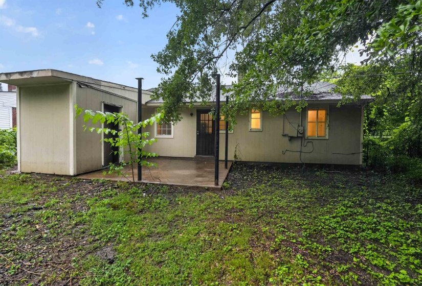 Rear facade with a concrete patio, a dark-colored exterior door, and multiple windows