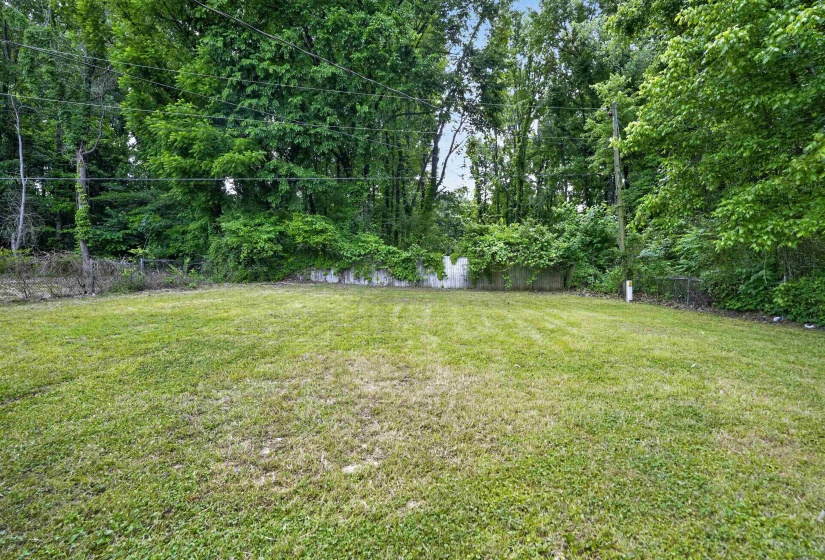 Expansive grassy area with a retaining wall and mature perimeter trees