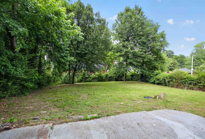 Expansive lot featuring a large grassy area, mature trees bordering the perimeter, and a partial paved surface