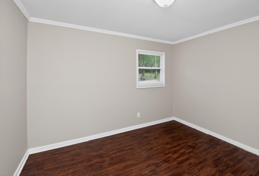 Interior room featuring light gray wall paint, white crown molding, and wood-finish flooring