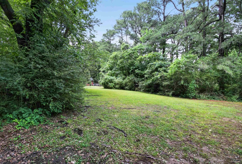 Expansive green lawn surrounded by mature trees and lush foliage, offering a secluded natural setting
