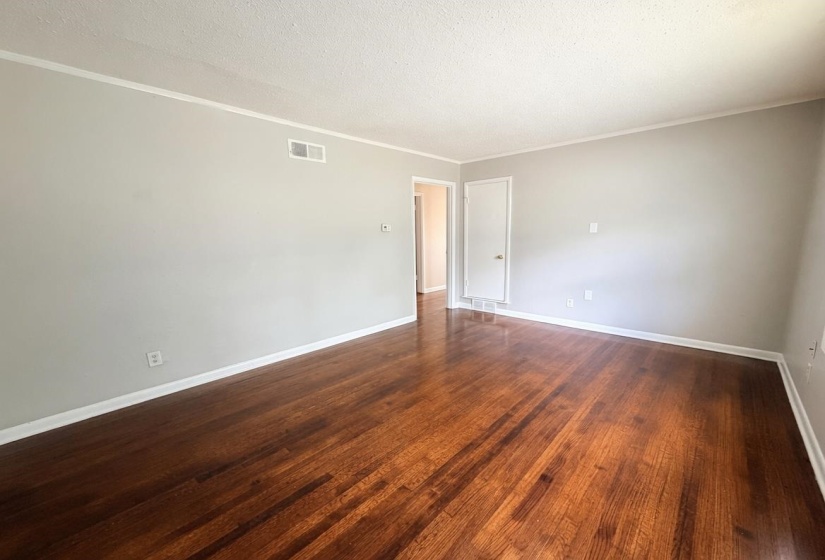Spacious room featuring rich wood-finish flooring, light gray wall paint, white trim, and a textured white ceiling