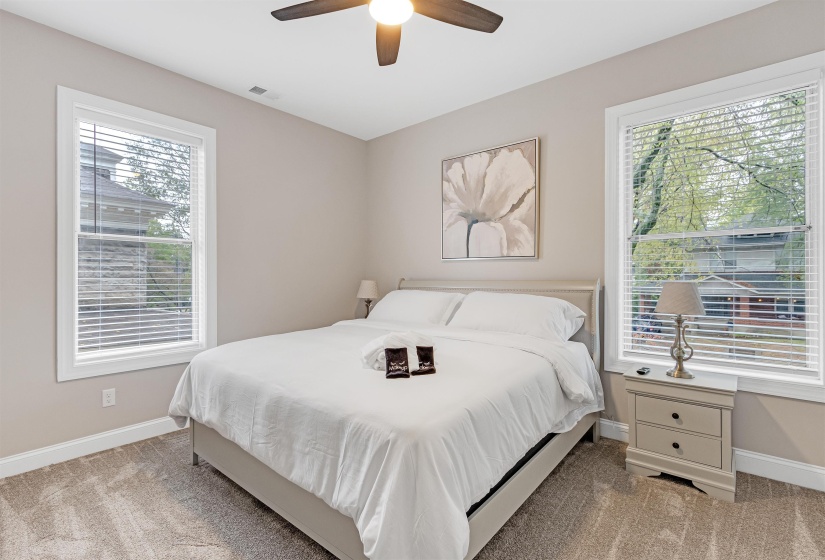 Carpeted bedroom featuring multiple windows and ceiling fan