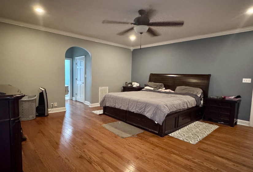 Spacious room featuring wood-finish flooring and crown molding