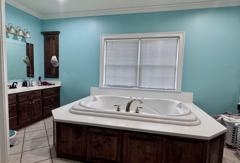 Built-in jetted tub with polished brass fixtures and surrounding countertop