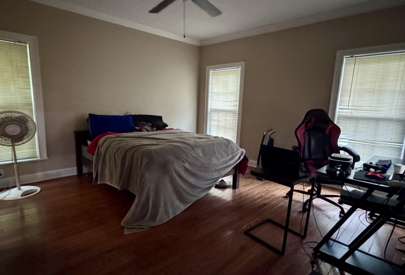 Hardwood flooring throughout, featuring two windows with horizontal blinds, neutral wall paint, and crown molding