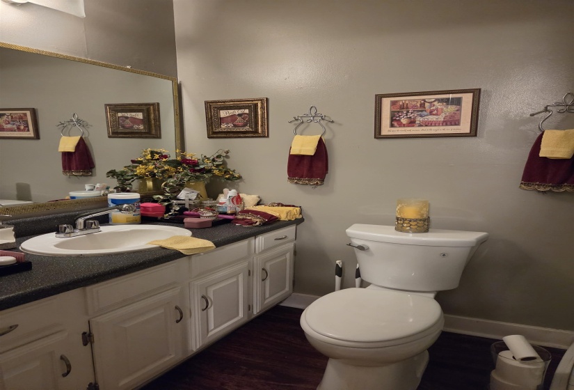 Bathroom vanity with a single basin sink, laminate countertop, and white cabinetry