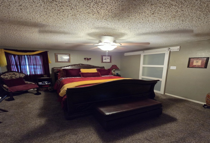 Carpeted room featuring a ceiling fan with light fixture, a sliding barn door with frosted glass panels, and a window with dark curtains