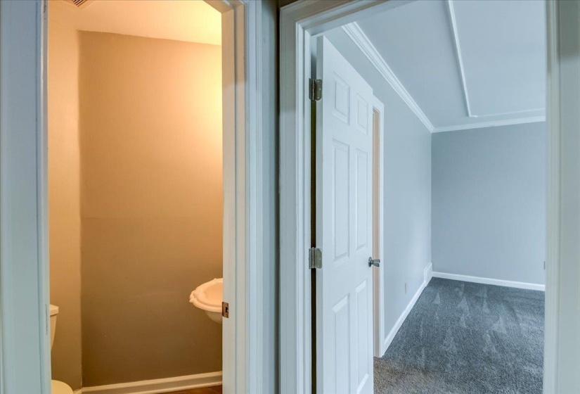 Powder room featuring a pedestal sink, toilet, and wood-finish flooring