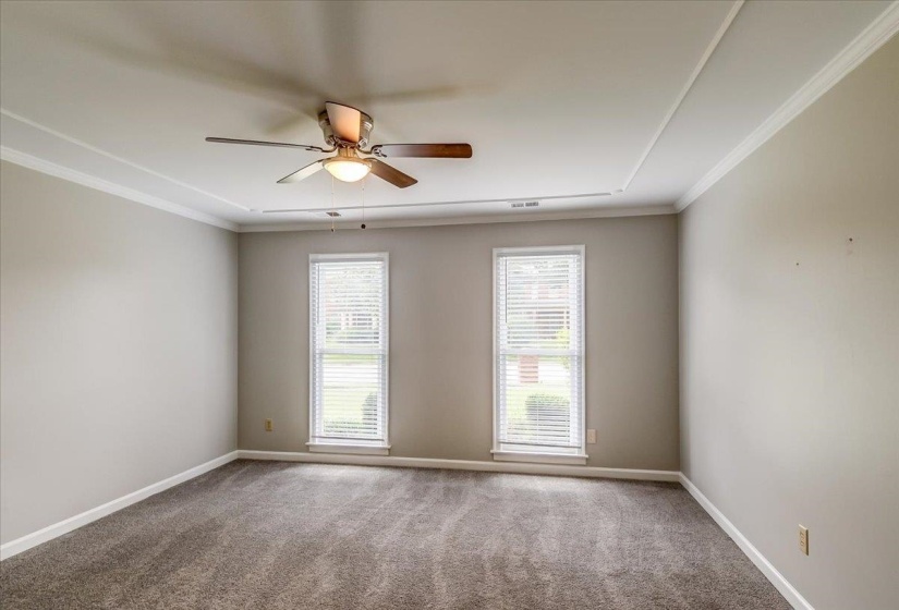 Carpeted room featuring a ceiling fan with light fixture, tray ceiling with crown molding, and two windows with blinds
