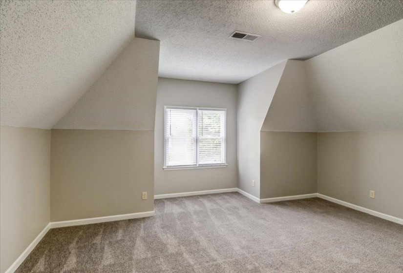 Carpeted room featuring a double window with blinds, sloped ceilings, and neutral wall paint
