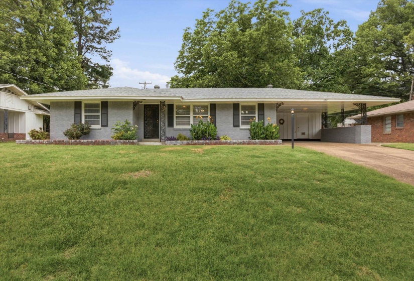 Ranch-style residence featuring a gray exterior finish, a covered carport, and a dark asphalt shingle roof