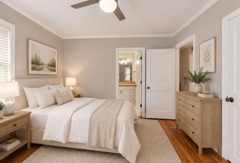 Primary bedroom with private full bath   Virtually staged