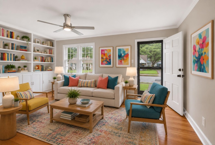 Family room with built in bookshelves  Virtually staged