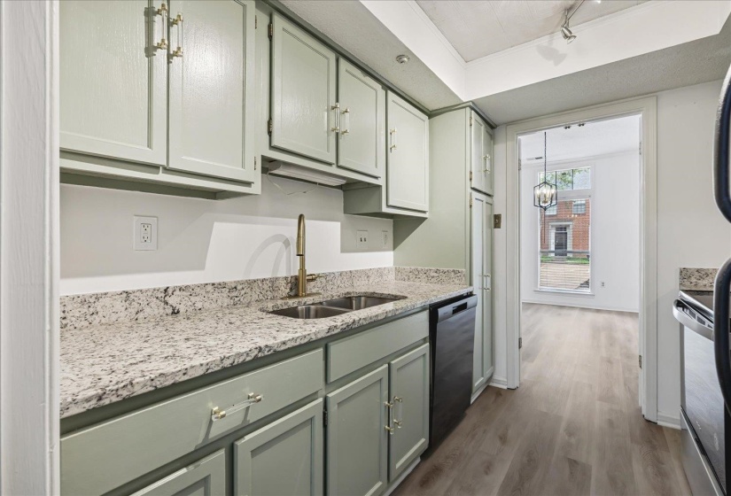 Kitchen with light green cabinetry, speckled countertops, a double basin sink with a brass-finish faucet, and wood-finish flooring