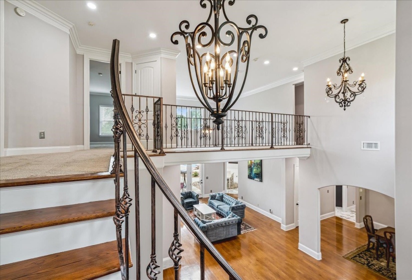 Grand foyer with a curved staircase featuring an ornate wrought iron railing, hardwood flooring, and a double-height ceiling