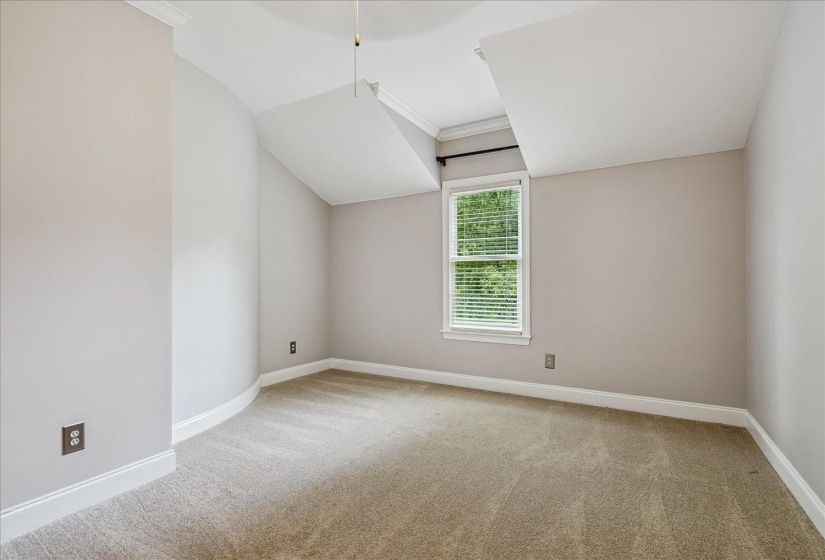 Carpeted room with vaulted ceilings and a double-hung window featuring horizontal blinds
